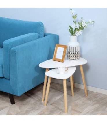 Side Table Set of 2 Nested Coffee Table W/ Solid Wood Legs Living Room White