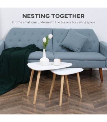 Side Table Set of 2 Nested Coffee Table W/ Solid Wood Legs Living Room White