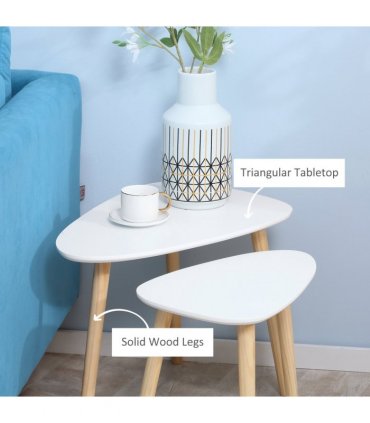 Side Table Set of 2 Nested Coffee Table W/ Solid Wood Legs Living Room White