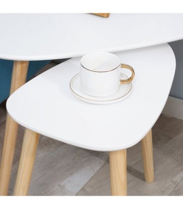 Side Table Set of 2 Nested Coffee Table W/ Solid Wood Legs Living Room White