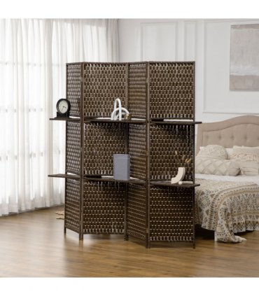 4-Panel Folding Wall Divider Room w/ Shelves, Privacy Screen Panels, Brown
