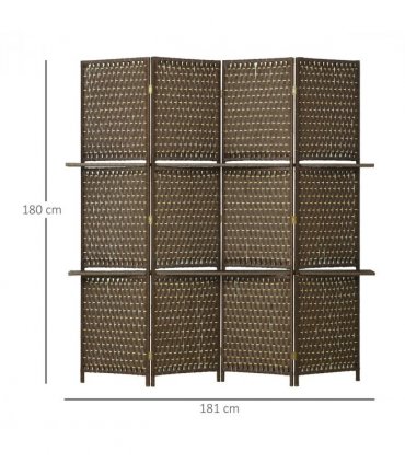 4-Panel Folding Wall Divider Room w/ Shelves, Privacy Screen Panels, Brown