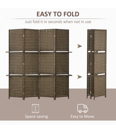 4-Panel Folding Wall Divider Room w/ Shelves, Privacy Screen Panels, Brown