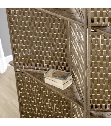 4-Panel Folding Wall Divider Room w/ Shelves, Privacy Screen Panels, Brown