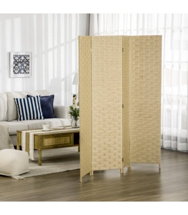 4-Panel Folding Wall Divider Room, Wave Fibre Privacy Screen Panels, Brown