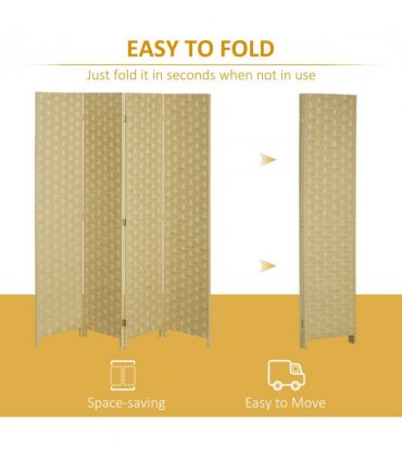 4-Panel Folding Wall Divider Room, Wave Fibre Privacy Screen Panels, Brown
