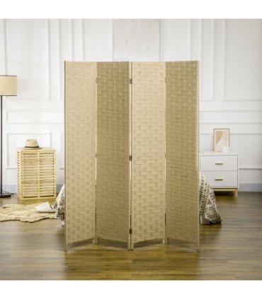 4-Panel Folding Wall Divider Room, Wave Fibre Privacy Screen Panels, Brown