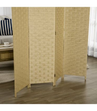 4-Panel Folding Wall Divider Room, Wave Fibre Privacy Screen Panels, Brown