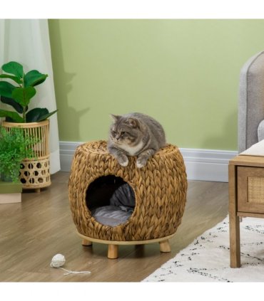Rattan Cat House Stool, Brown, 41H x 44W x 43Dcm, Wicker Kitten Bed with Cushion