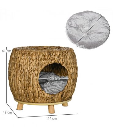 Rattan Cat House Stool, Brown, 41H x 44W x 43Dcm, Wicker Kitten Bed with Cushion
