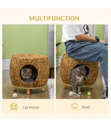 Rattan Cat House Stool, Brown, 41H x 44W x 43Dcm, Wicker Kitten Bed with Cushion