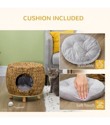 Rattan Cat House Stool, Brown, 41H x 44W x 43Dcm, Wicker Kitten Bed with Cushion