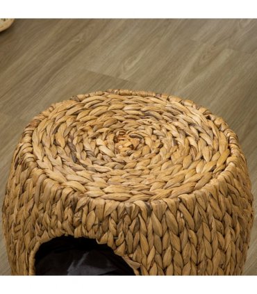 Rattan Cat House Stool, Brown, 41H x 44W x 43Dcm, Wicker Kitten Bed with Cushion