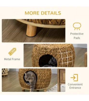 Rattan Cat House Stool, Brown, 41H x 44W x 43Dcm, Wicker Kitten Bed with Cushion