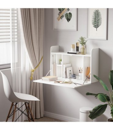 Wall Mounted Table Drop Leaf Floating Laptop Desk w/ Storage for Home Office