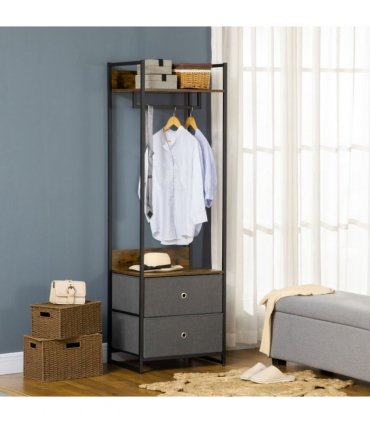 Industrial Clothes Rail Garment Rack with 2 Fabric Drawers Rustic Brown