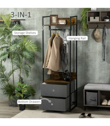 Industrial Clothes Rail Garment Rack with 2 Fabric Drawers Rustic Brown