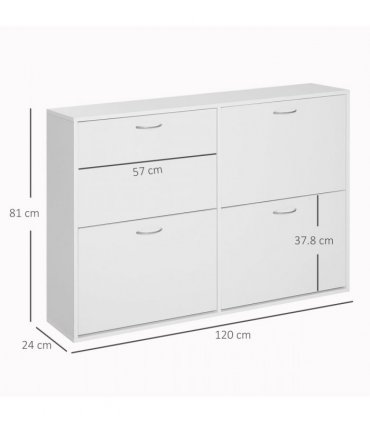Wooden 4 Drawer Shoes Cabinet White 120L x 24W x 81Hcm Particleboard Storage