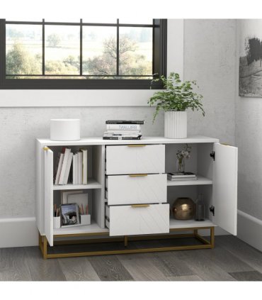Storage Cabinet White MDF Steel 120Wx40Dx76Hcm Modern Freestanding Cupboard