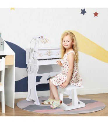 Baby 37 Key Kids Battery Keyboard Mini Grand Piano Stool Microphone White