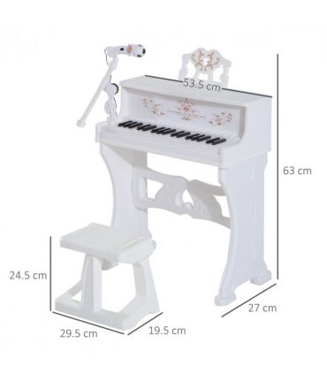 Baby 37 Key Kids Battery Keyboard Mini Grand Piano Stool Microphone White