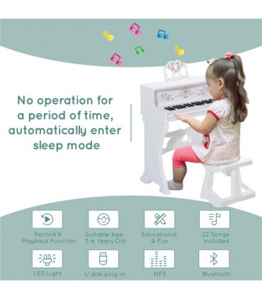 Baby 37 Key Kids Battery Keyboard Mini Grand Piano Stool Microphone White