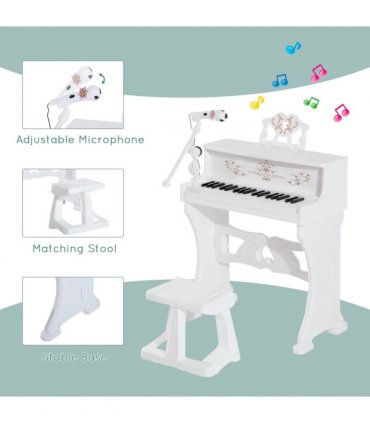 Baby 37 Key Kids Battery Keyboard Mini Grand Piano Stool Microphone White