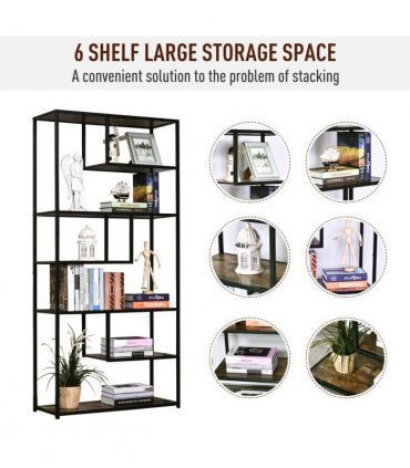 Wood Bookshelf Industrial Style Stand 6-Tier Living Room Display Rack Organiser