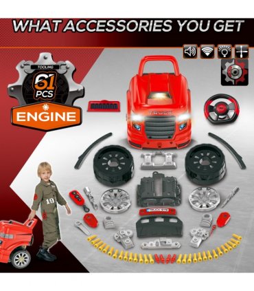 Kids Truck Engine Toy Set w/ Horn, Light, Car Key for 3-5 Years Old Red