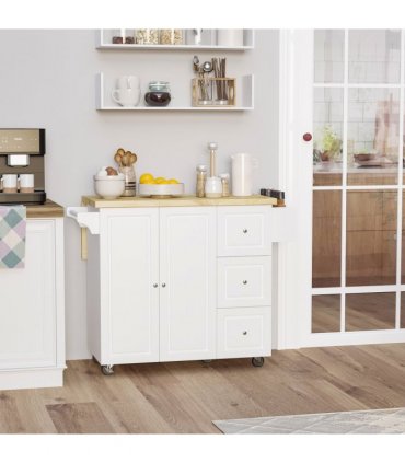 Drop-Leaf Kitchen Island on Wheels Utility Storage Cart with Drawers & Cabinet