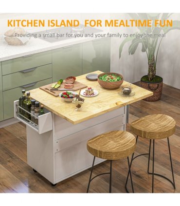 Drop-Leaf Kitchen Island on Wheels Utility Storage Cart with Drawers & Cabinet
