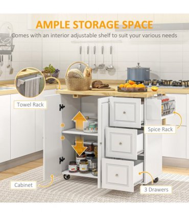 Drop-Leaf Kitchen Island on Wheels Utility Storage Cart with Drawers & Cabinet