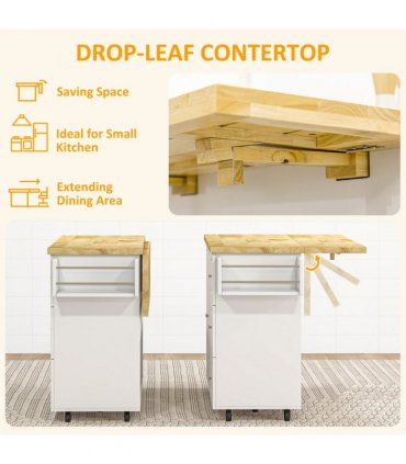 Drop-Leaf Kitchen Island on Wheels Utility Storage Cart with Drawers & Cabinet