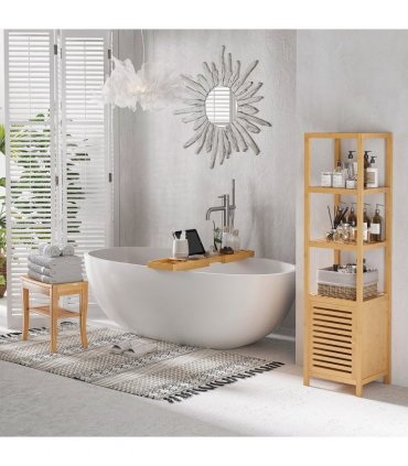 Shower Bench Storage Seat Stool 2-Tier Natural Wood Finish 44.5H x 47.5L x 26Wcm