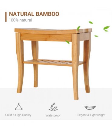 Shower Bench Storage Seat Stool 2-Tier Natural Wood Finish 44.5H x 47.5L x 26Wcm