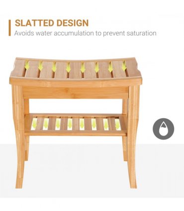 Shower Bench Storage Seat Stool 2-Tier Natural Wood Finish 44.5H x 47.5L x 26Wcm