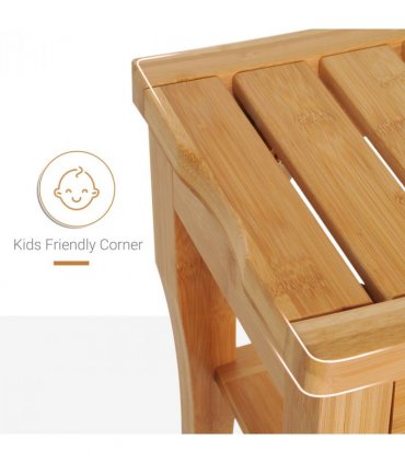 Shower Bench Storage Seat Stool 2-Tier Natural Wood Finish 44.5H x 47.5L x 26Wcm