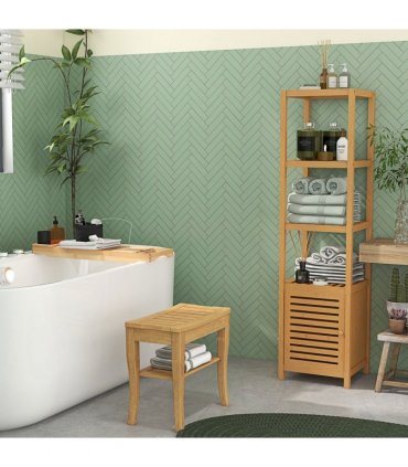 Shower Bench Storage Seat Stool 2-Tier Natural Wood Finish 44.5H x 47.5L x 26Wcm