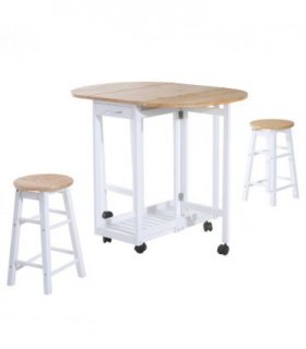 3pc Wooden Kitchen Cart Mobile Rolling Trolley Folding Stools Wheels Drawers