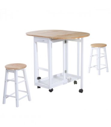 3pc Wooden Kitchen Cart Mobile Rolling Trolley Folding Stools Wheels Drawers