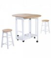 3pc Wooden Kitchen Cart Mobile Rolling Trolley Folding Stools Wheels Drawers