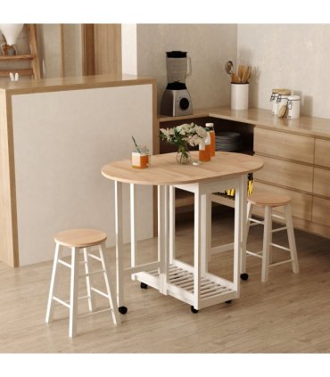 3pc Wooden Kitchen Cart Mobile Rolling Trolley Folding Stools Wheels Drawers
