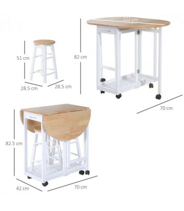3pc Wooden Kitchen Cart Mobile Rolling Trolley Folding Stools Wheels Drawers