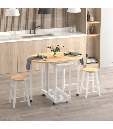 3pc Wooden Kitchen Cart Mobile Rolling Trolley Folding Stools Wheels Drawers