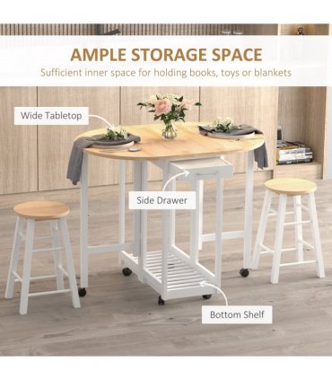 3pc Wooden Kitchen Cart Mobile Rolling Trolley Folding Stools Wheels Drawers