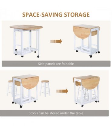 3pc Wooden Kitchen Cart Mobile Rolling Trolley Folding Stools Wheels Drawers