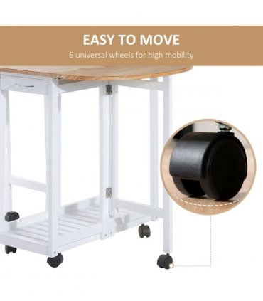 3pc Wooden Kitchen Cart Mobile Rolling Trolley Folding Stools Wheels Drawers