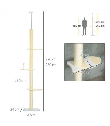 260cm Height Adjustable Floor-To-Ceiling Cat Tree w/ Anti-Slip Kit - Yellow
