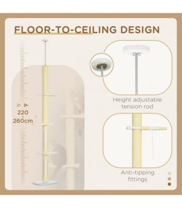 260cm Height Adjustable Floor-To-Ceiling Cat Tree w/ Anti-Slip Kit - Yellow