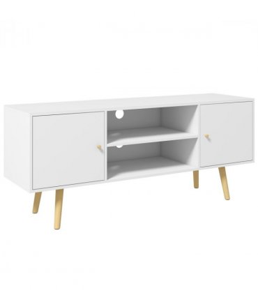 TV Stand Cabinet with Cable Management and Wood Legs Living Room, White